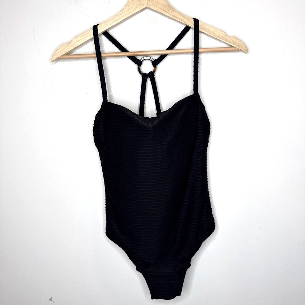 Freely One Piece Bathing Suit Swim Women's S Black Texture Ribbed O Ring Minimal